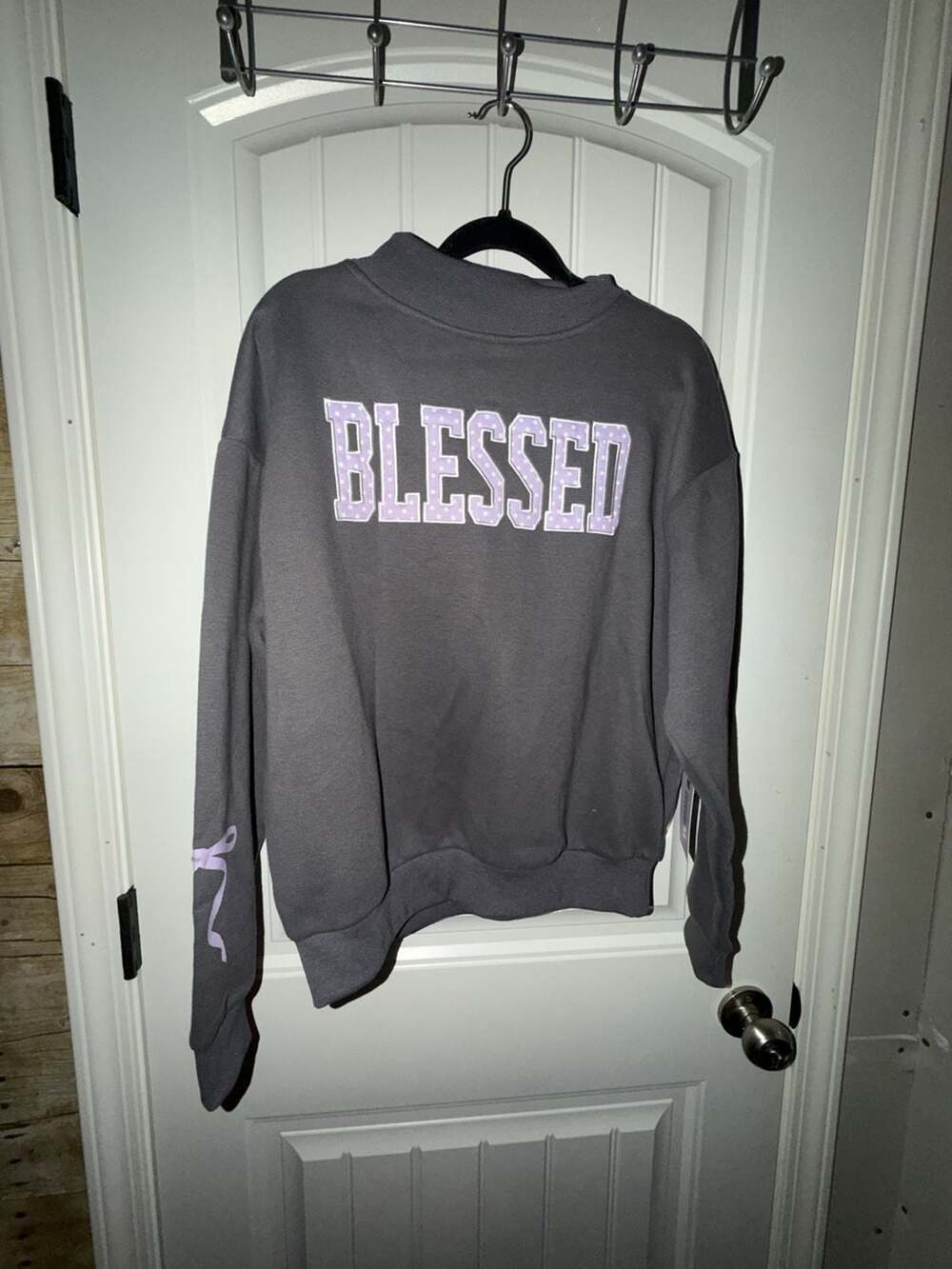 Young & Chic Gray Blessed Sweatshirt with Lavender Polka Dot Lettering and Bow D